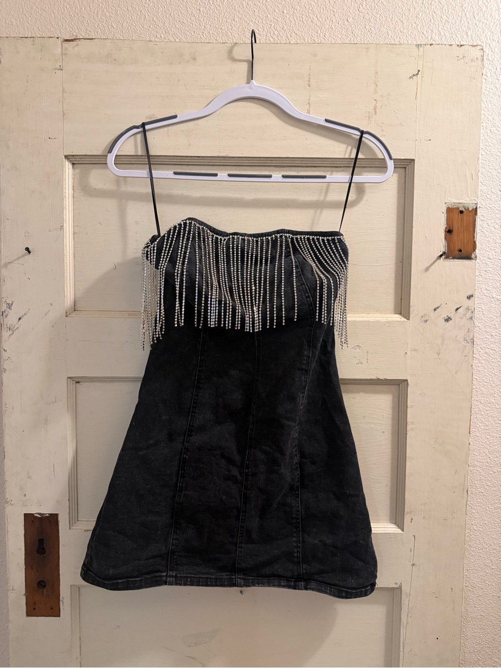 12th Tribe Black Denim Rhinestone Fringe Mini Dress Size Small Western Glam